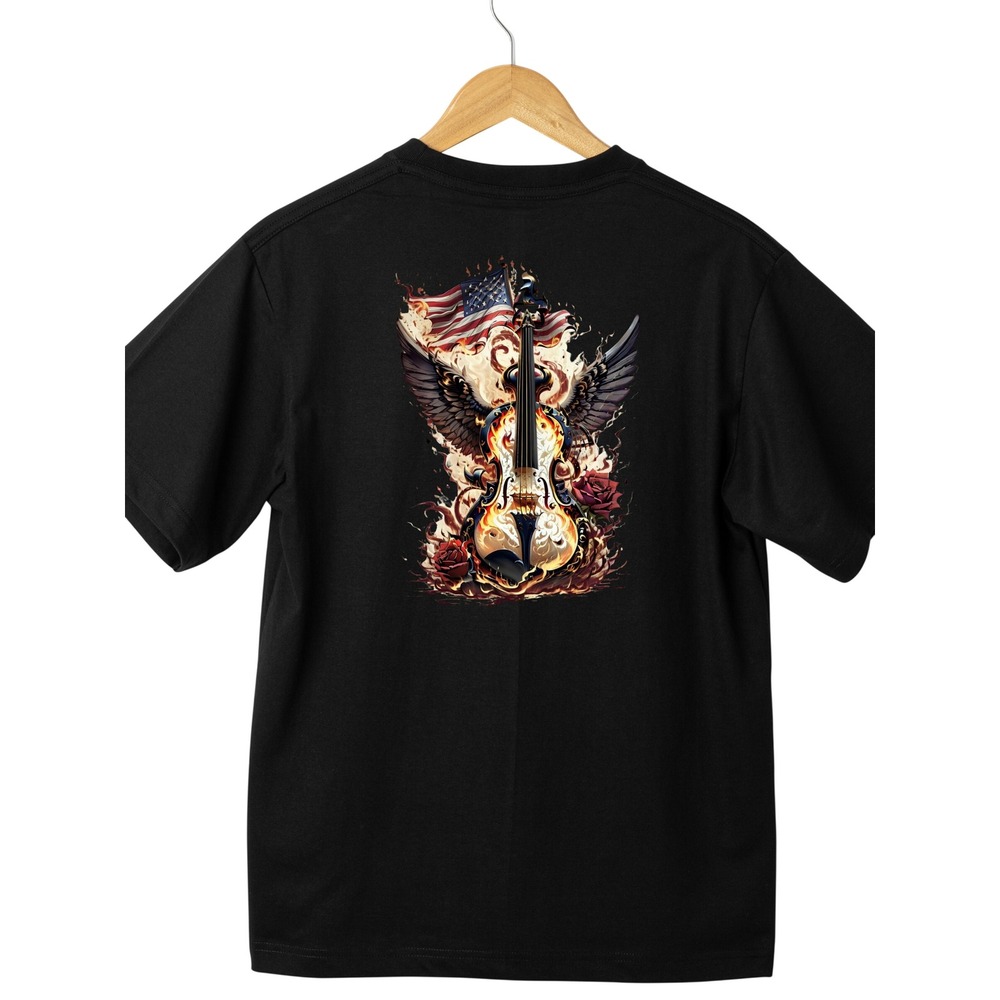 Patriotic Flaming Cello M‎ Graphic Tee American Flag Wings Music T-Shirt Unisex